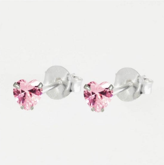 Pink Crystal Heart Silver Ear Stud Earrings Crumble and Core   