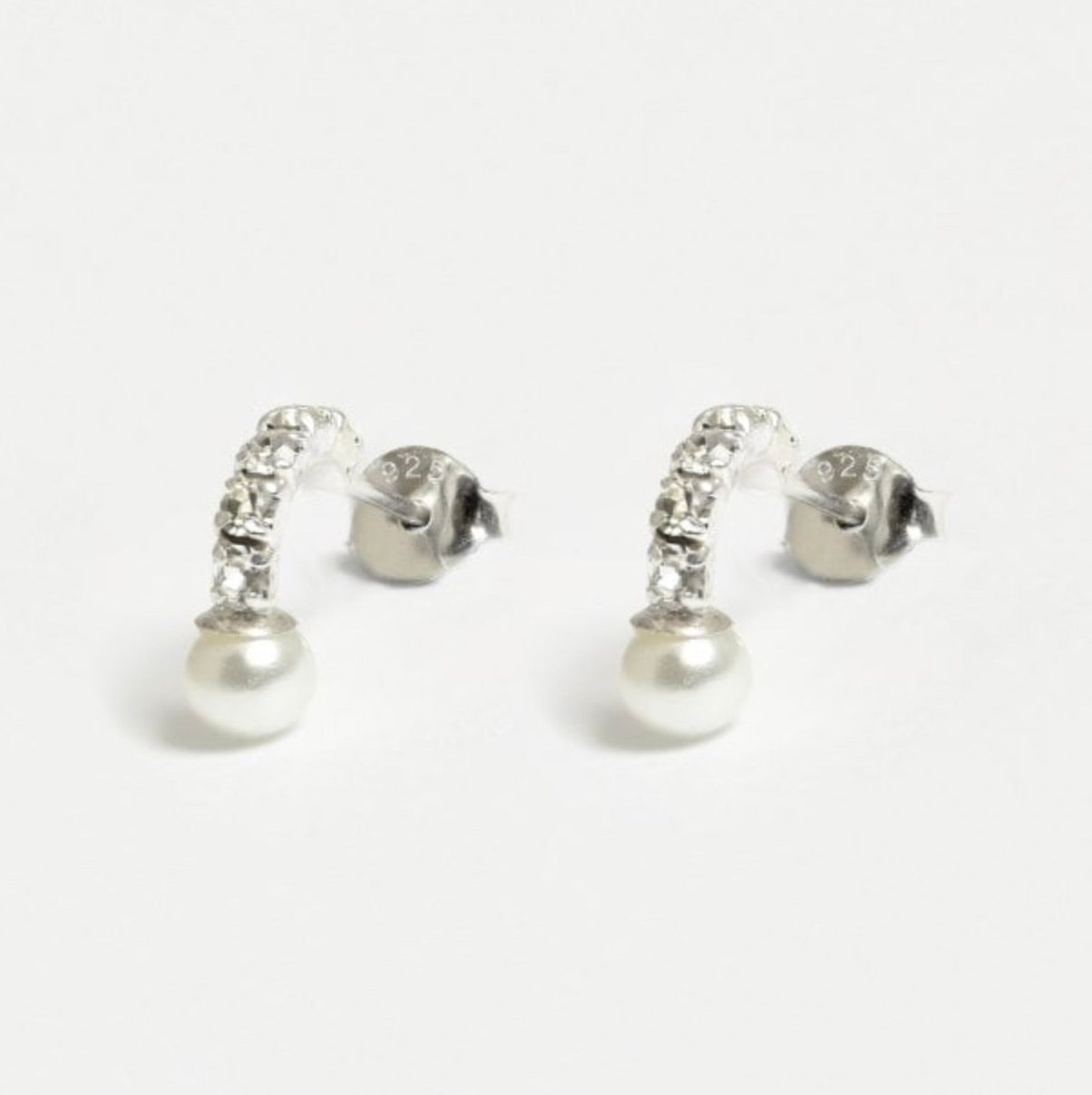 Cubic Zirconia and Pearl Half Hoop Silver Ear Stud Earrings Crumble and Core   