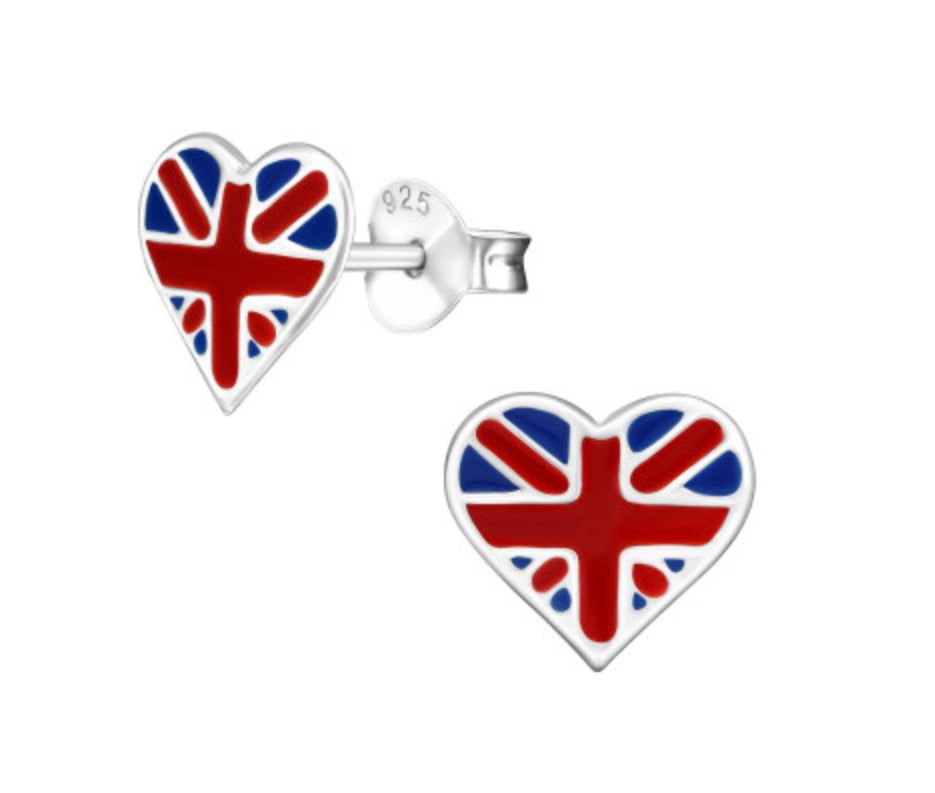 Union Jack Heart Sterling Silver Earring Ear Studs Jewelry Crumble and Core   