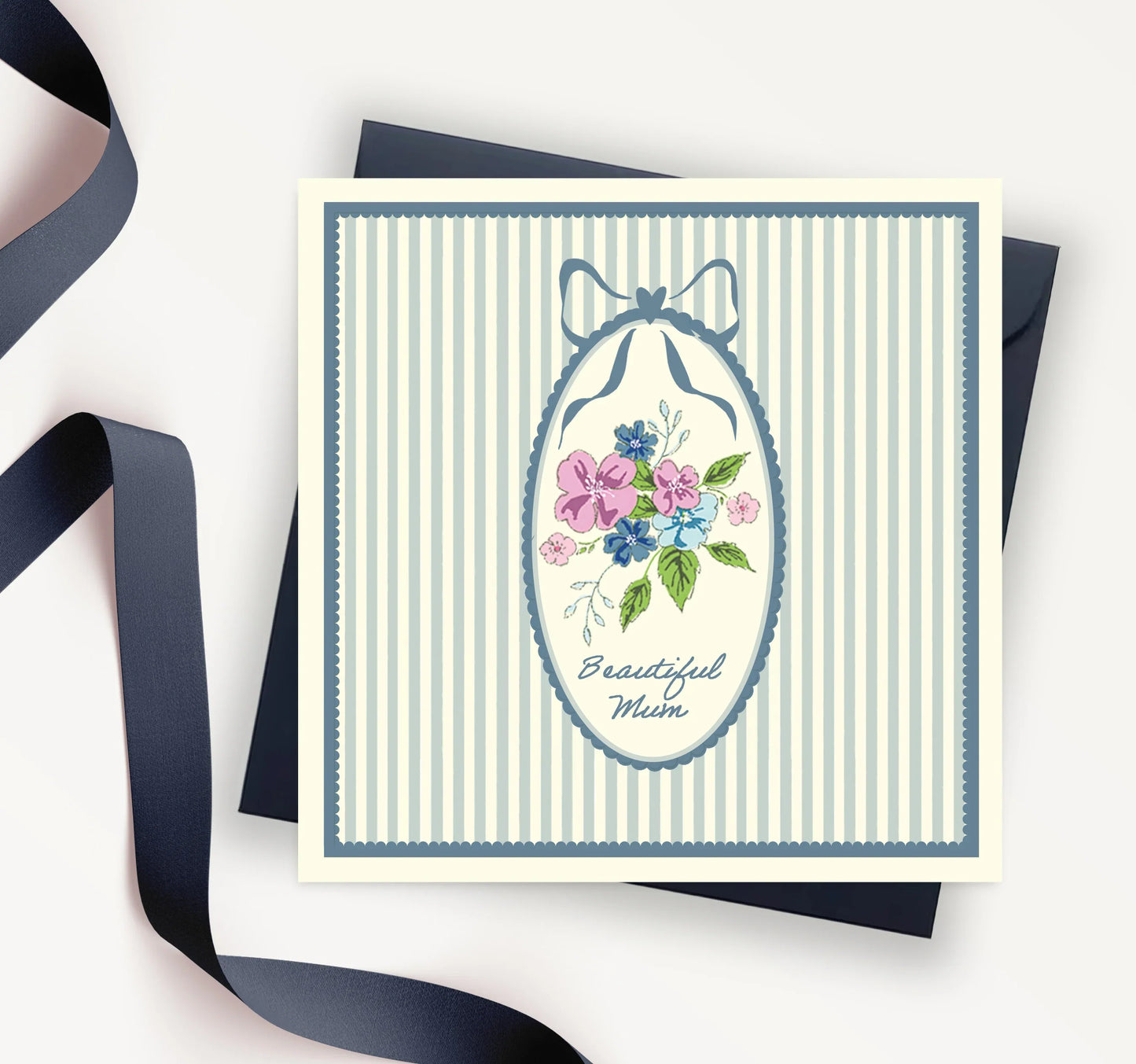 Mum Floral Scallop Greeting Card – Luxury Handmade Mum Card With Navy Envelope