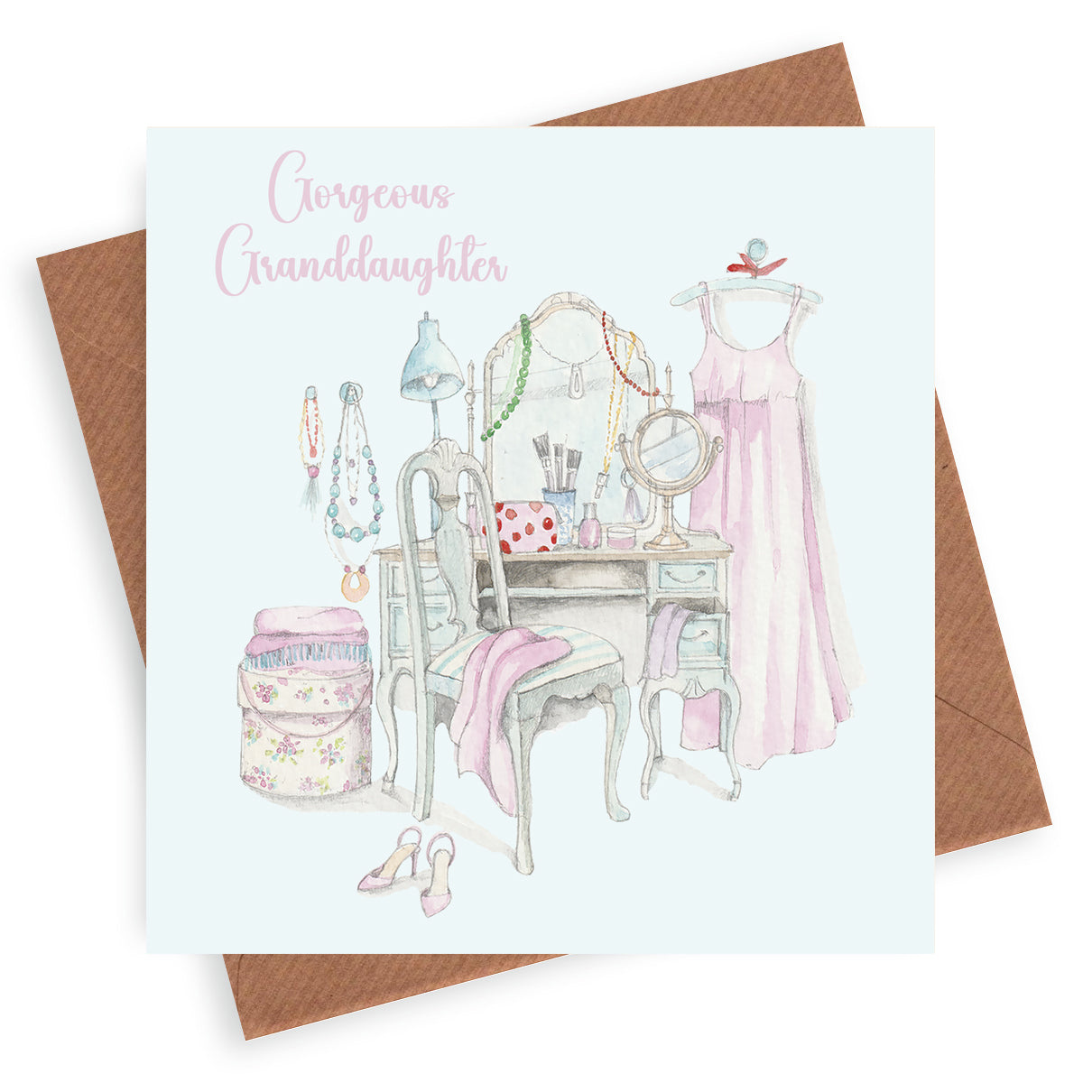 Granddaughter's Dressing Table– Luxury Birthday Greeting Card with Kraft Envelope Included
