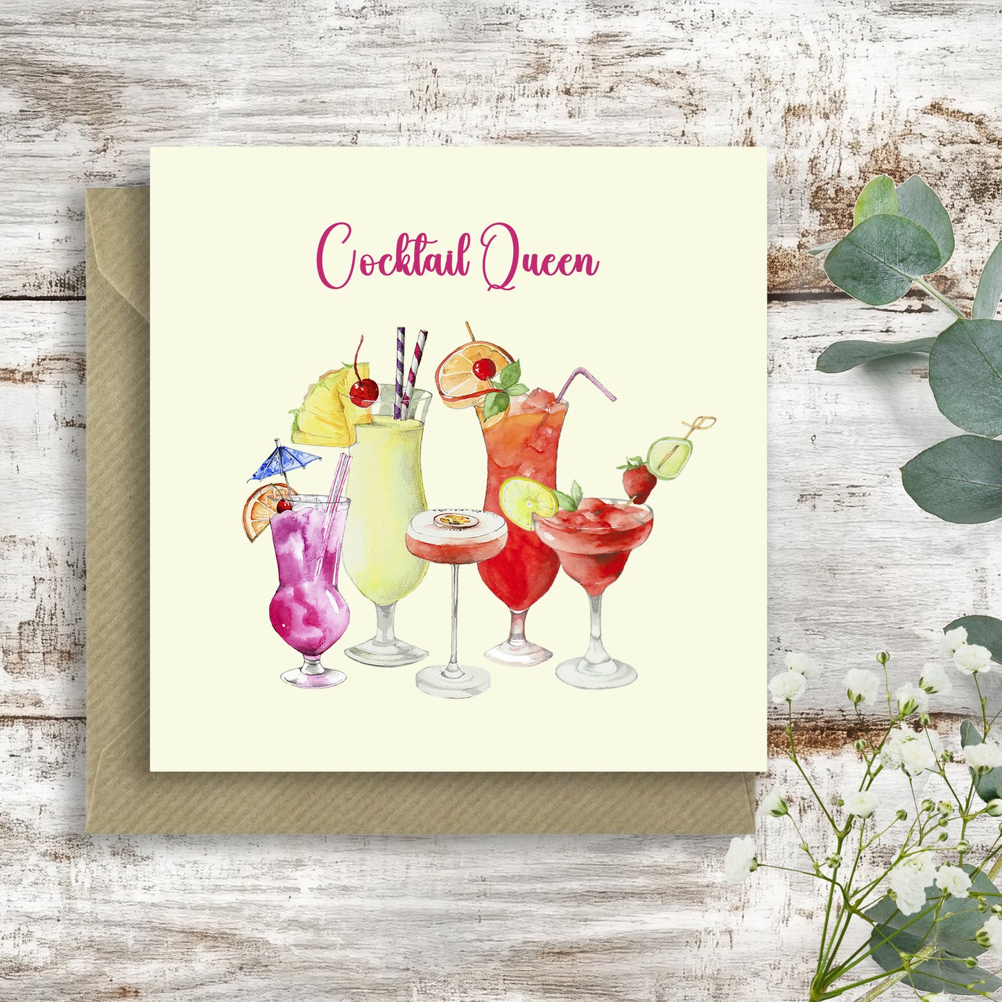 Cocktail Queen– Luxury Birthday Greeting Card with Kraft Envelope Included