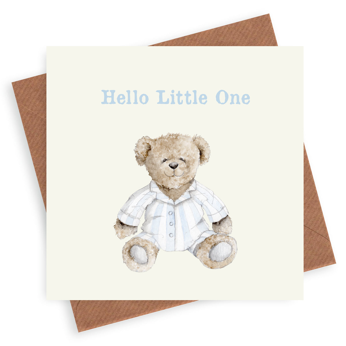 Teddy in Pyjamas – Luxury New Baby Boy Greeting Card with Kraft Envelope Included
