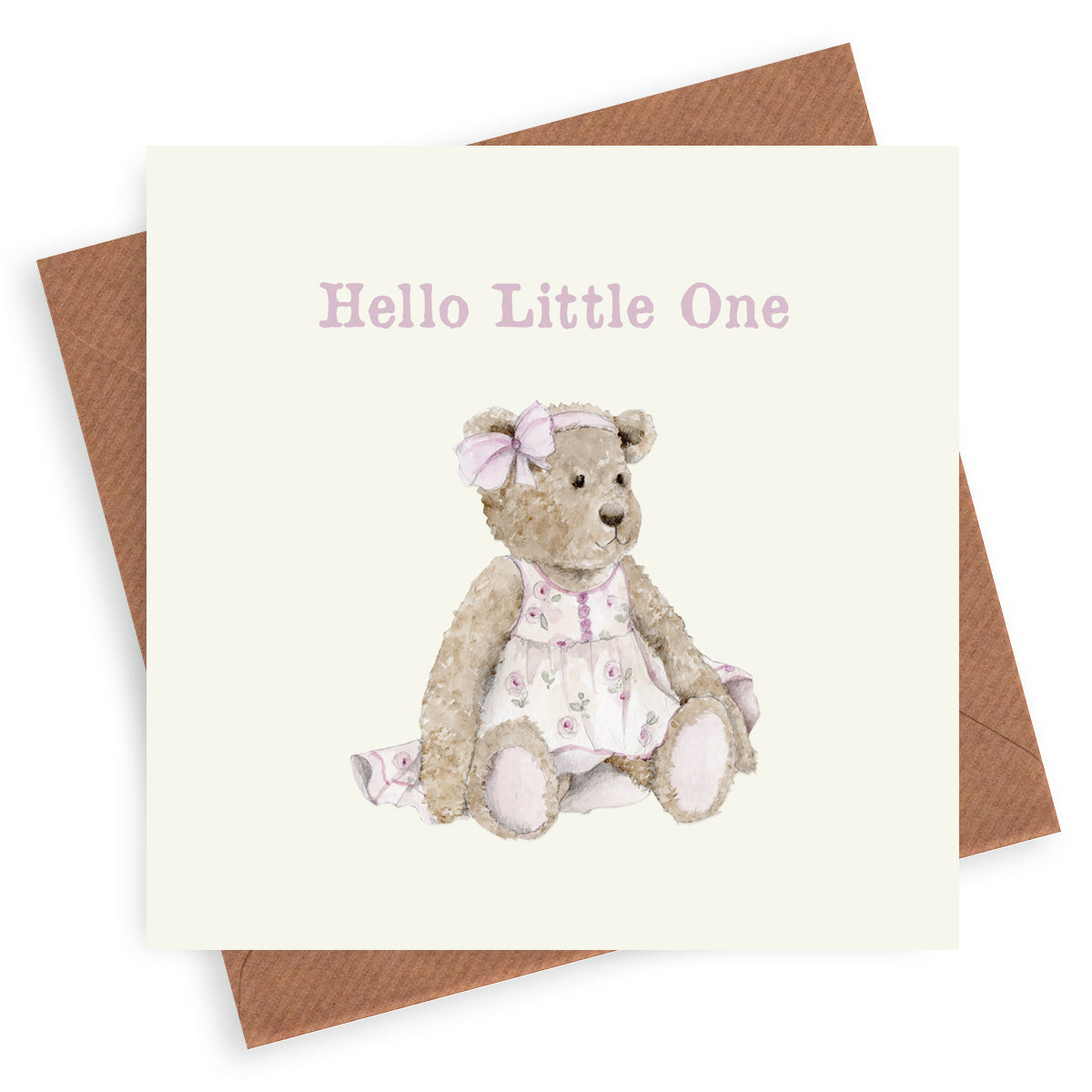 Teddy In A Pink Dress– Luxury New Baby Girl Greeting Card with Kraft Envelope Included