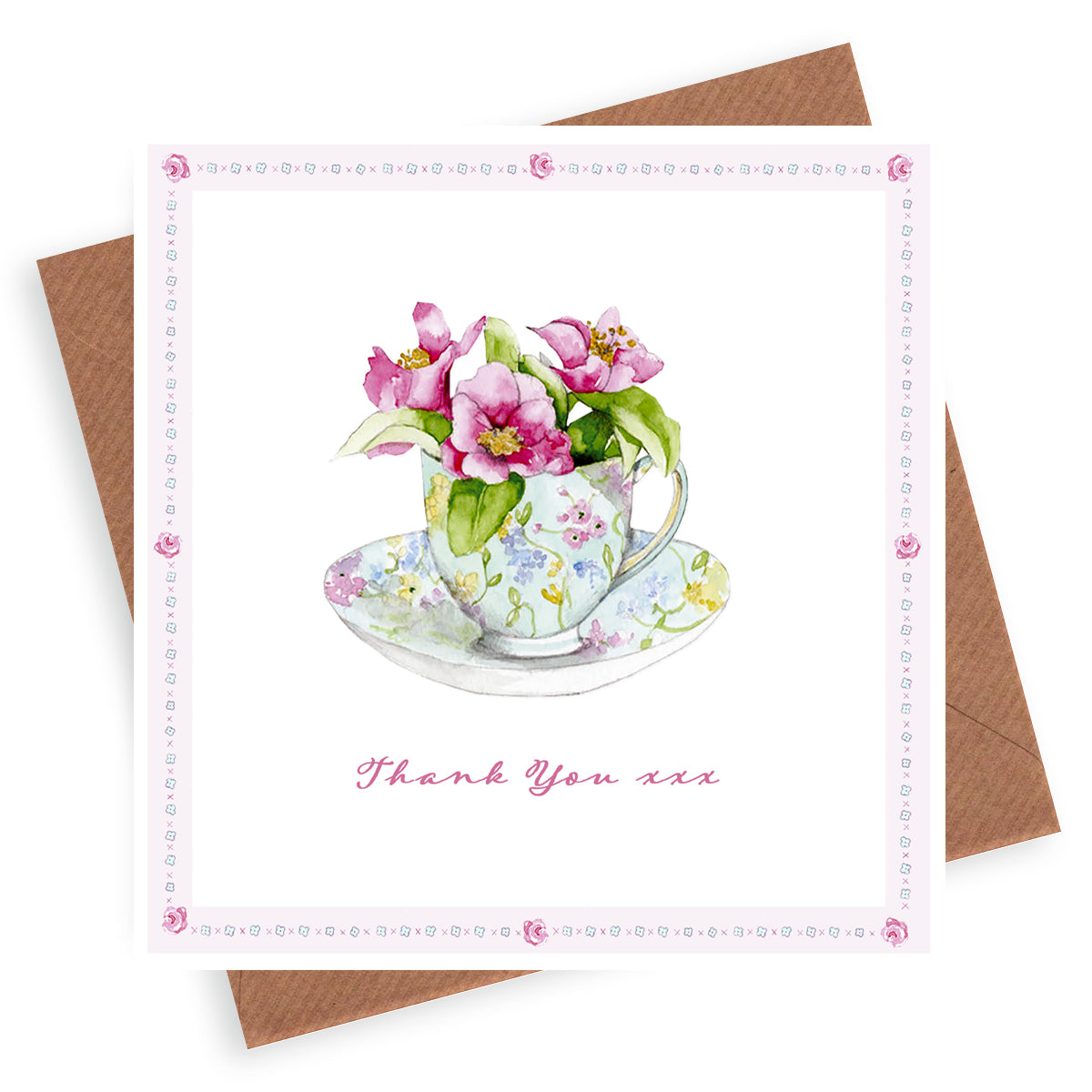 Teacup & Flowers Thank You– Luxury Greeting Card with Kraft Envelope Included