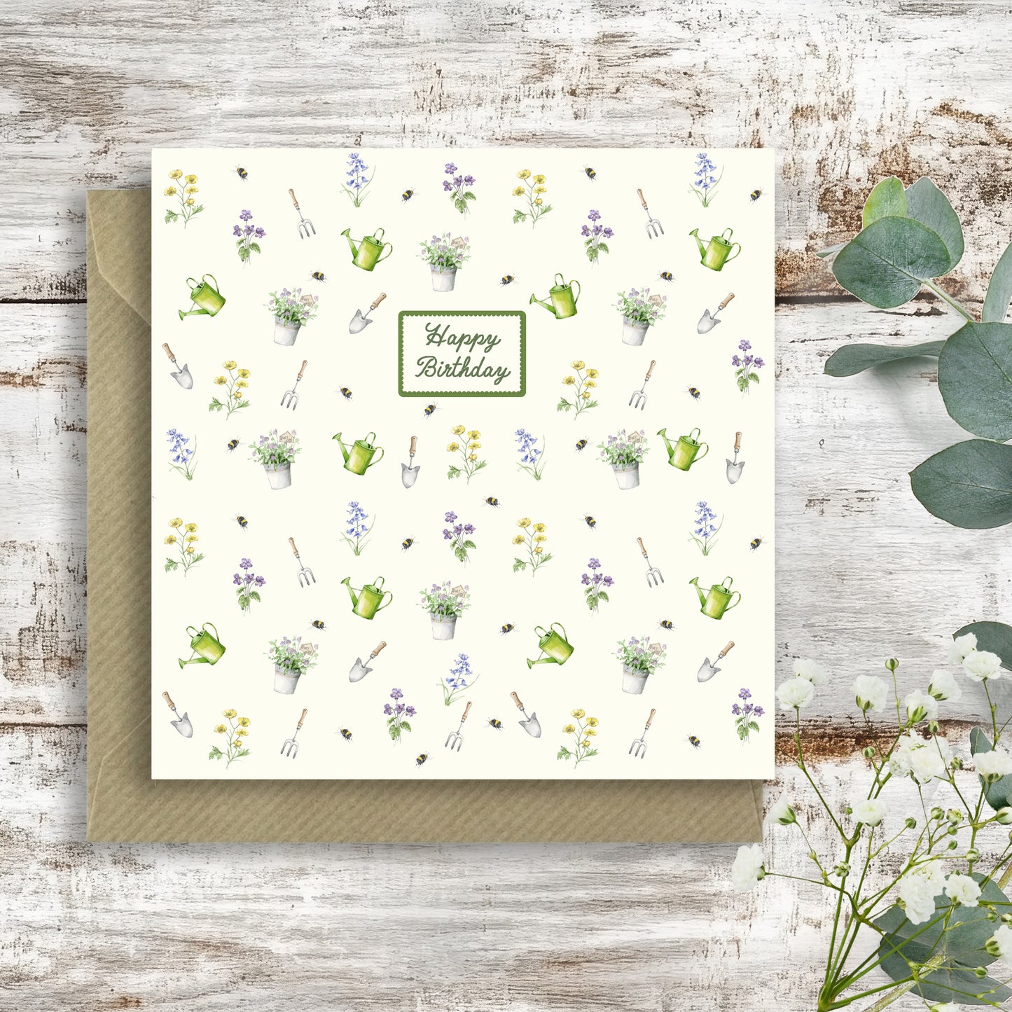 Garden Design– Luxury Birthday Greeting Card with Kraft Envelope Included