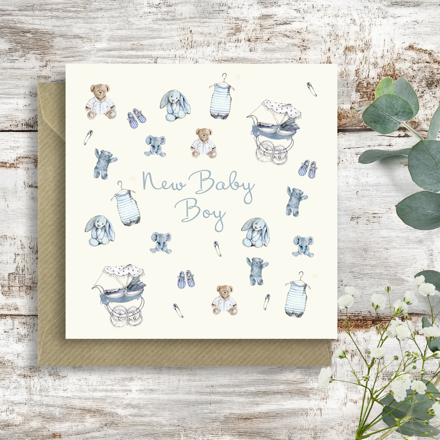 New Baby Design– Luxury New Baby Boy Greeting Card with Kraft Envelope Included