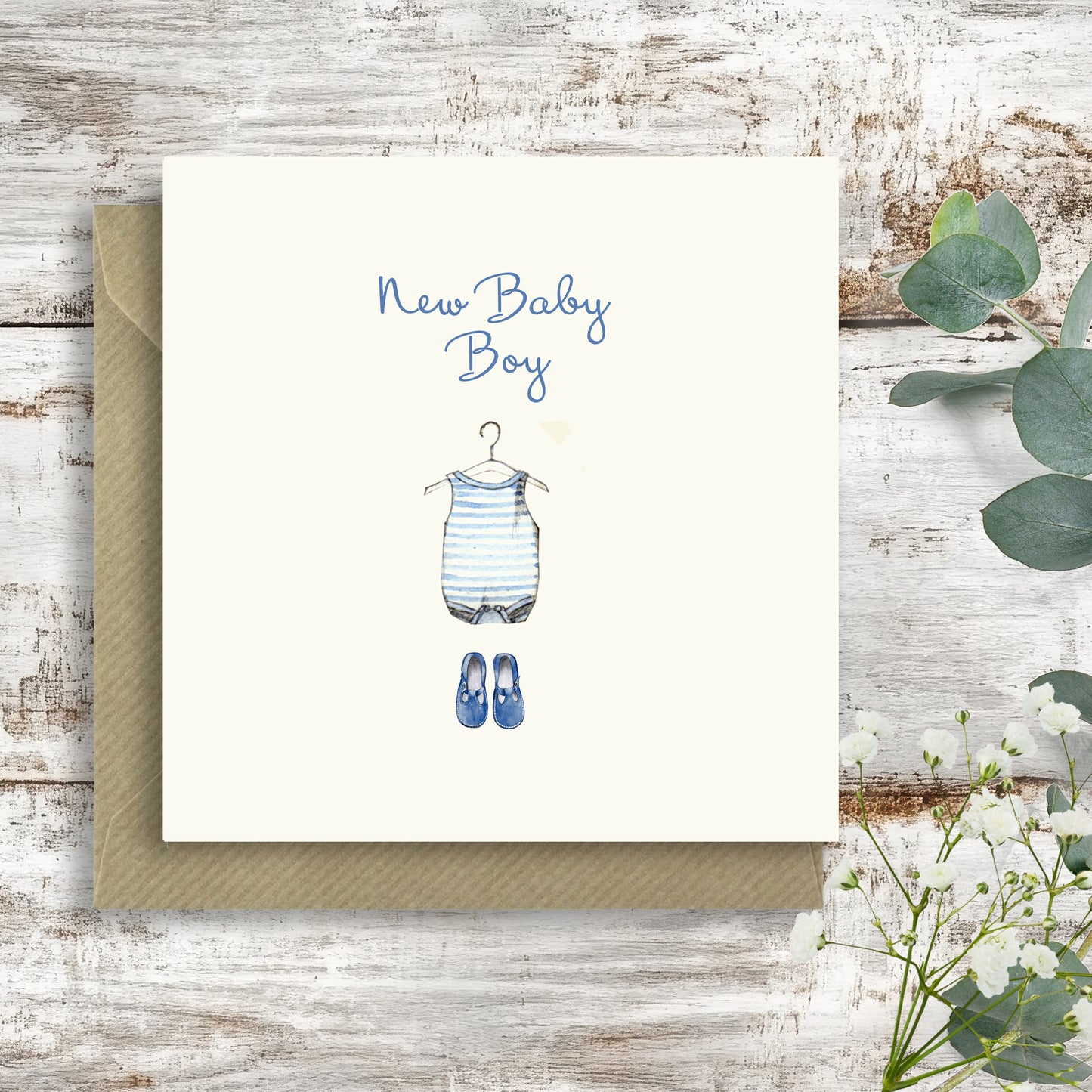 Blue Baby Grow – Luxury New Baby Boy Greeting Card with Kraft Envelope Included