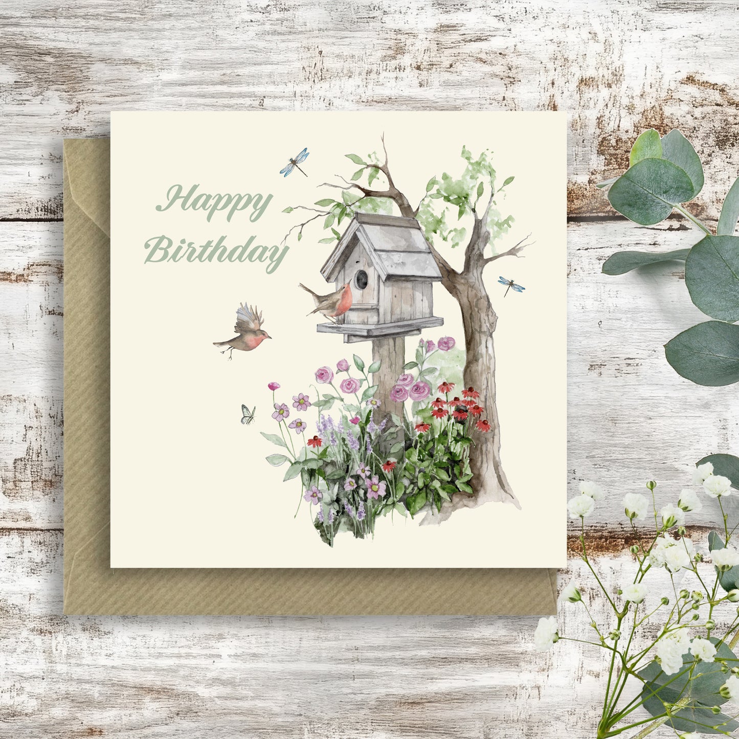 Birdhouse– Luxury Birthday Greeting Card with Kraft Envelope Included