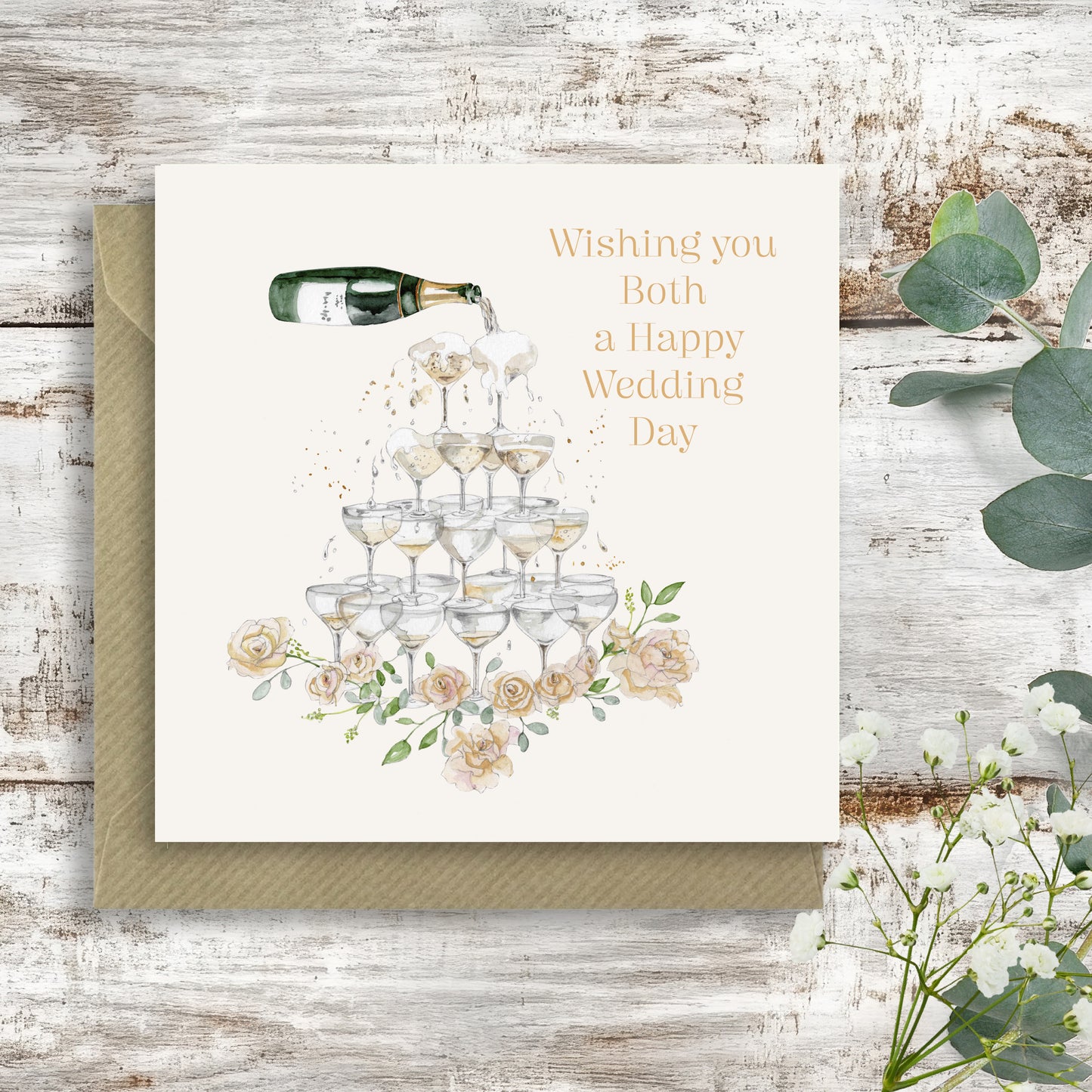 Wedding Champagne Fountain – Luxury Wedding Day Greeting Card with Kraft Envelope Included