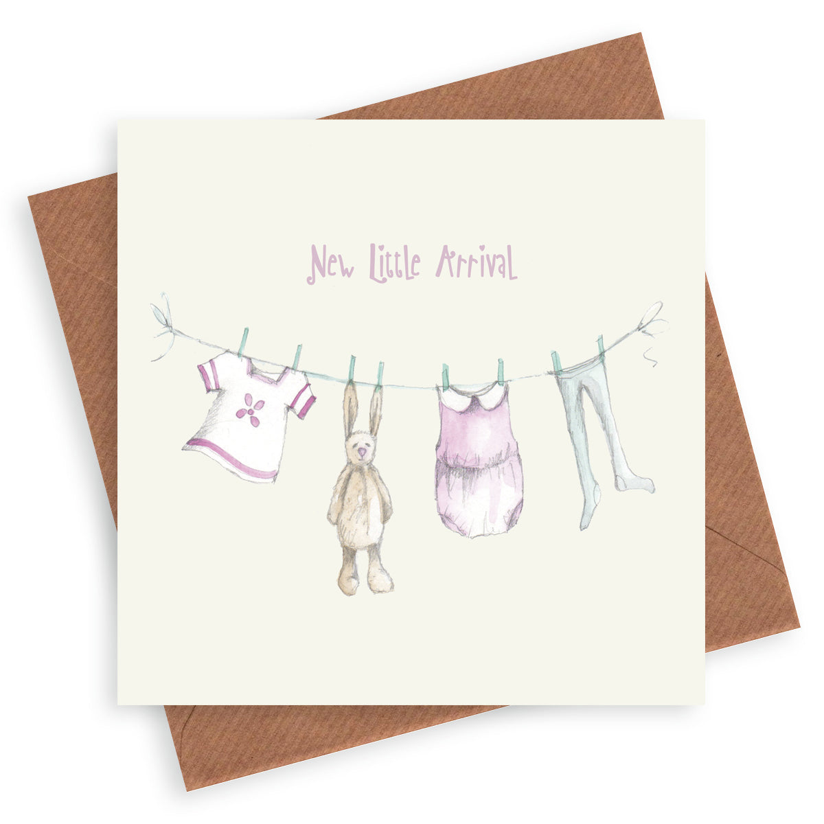 Baby Girl Washing Line – Luxury New Baby Girl Greeting Card with Kraft Envelope Included