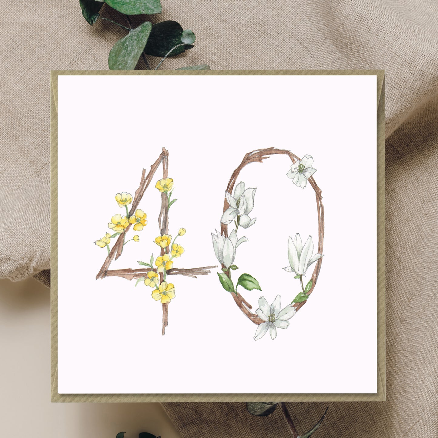 40th Floral Birthday – Luxury Birthday Greeting Card with Kraft Envelope Included