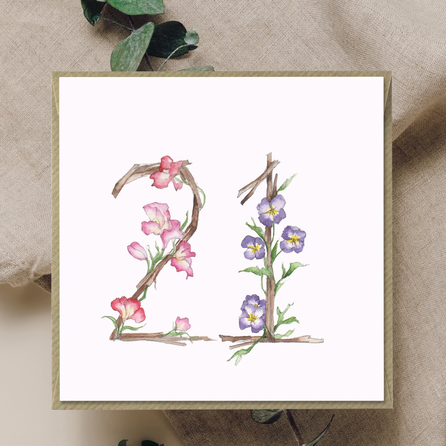 21st Floral Birthday – Luxury Birthday Greeting Card with Kraft Envelope Included