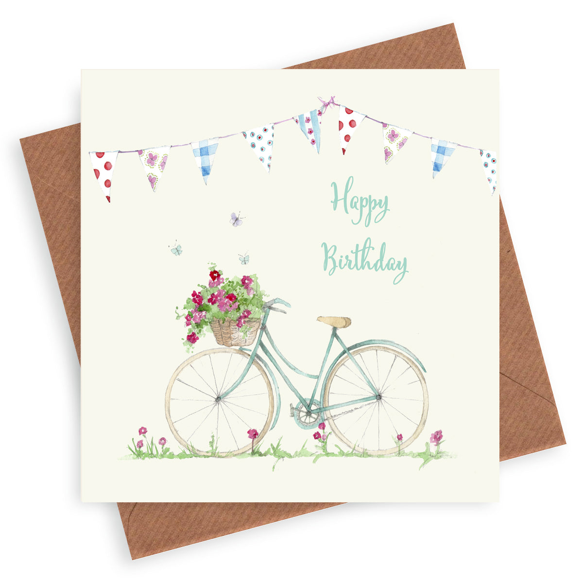 Bike & Bunting – Luxury Birthday Greeting Card with Kraft Envelope Included