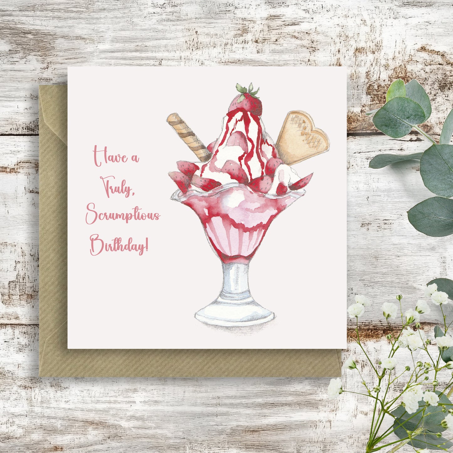 Strawberry Trifle– Luxury Birthday Greeting Card with Kraft Envelope Included