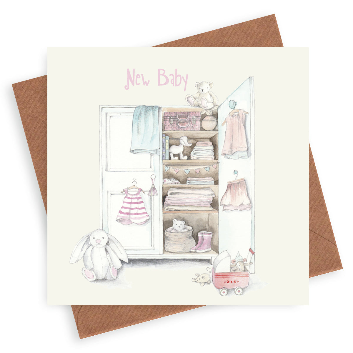 Baby Wardrobe – Luxury New Baby Girl Greeting Card with Kraft Envelope Included