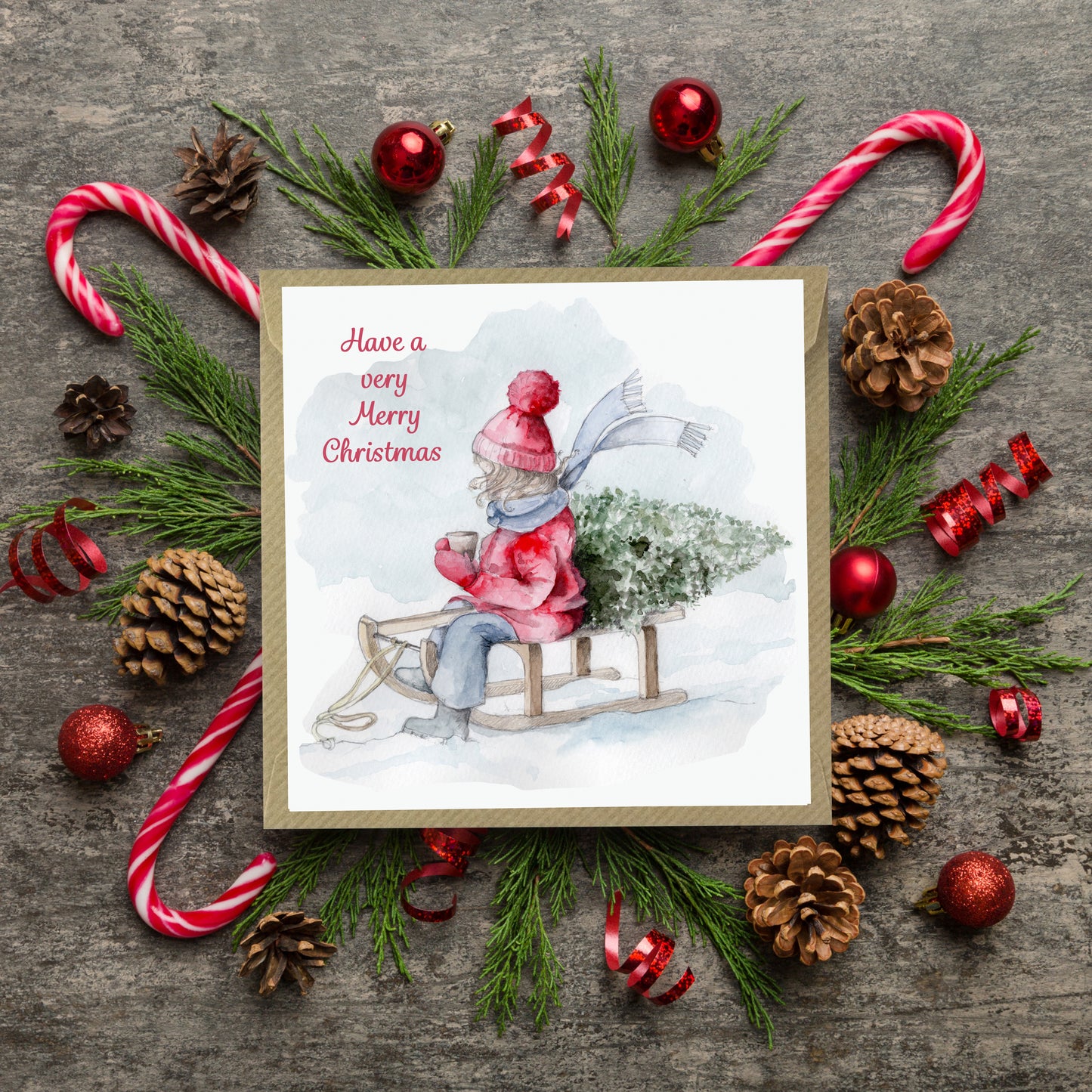 Girl On Sledge Christmas Card -  Luxury Christmas Greeting Card