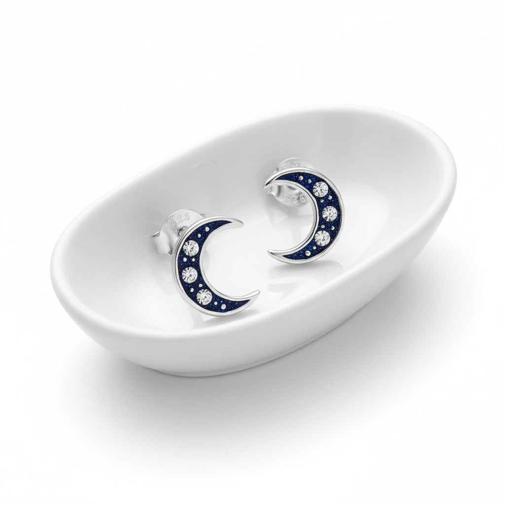 Silver Studs Earrings Moon Earrings – Crescent Crystal Studs | Hypoallergenic Jewelry
