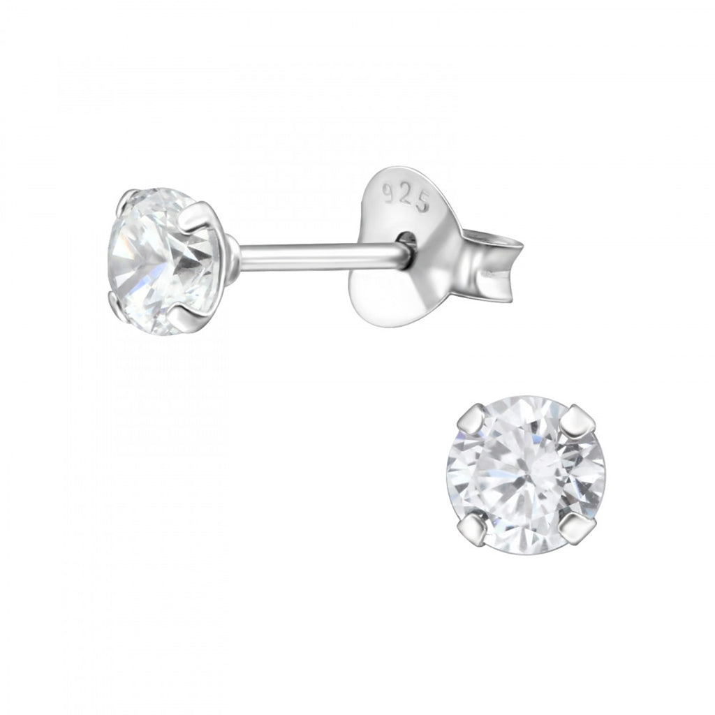Silver stud earrings with clear gemstones on a white background