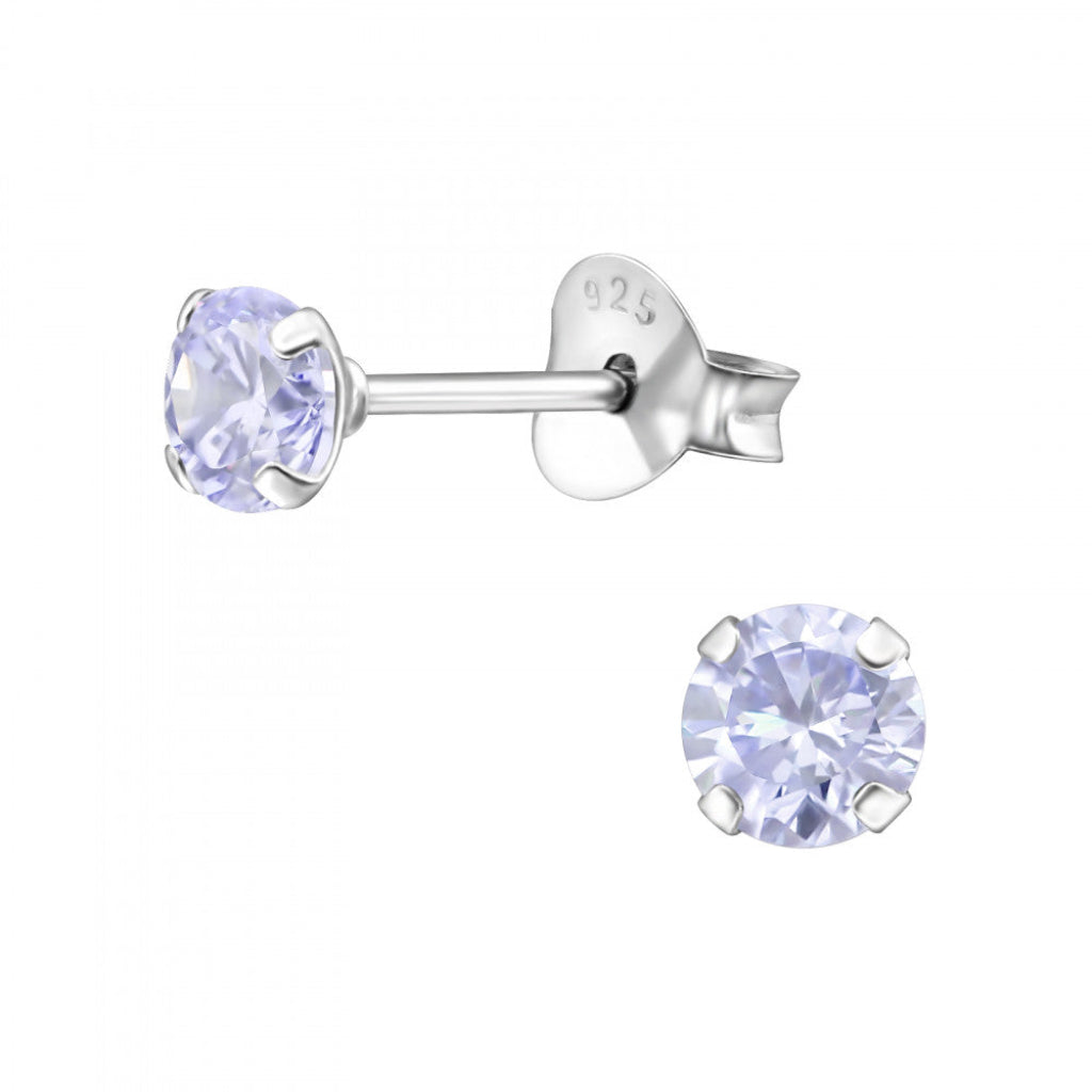 Silver stud earrings with LAVENDER gemstones on a white background