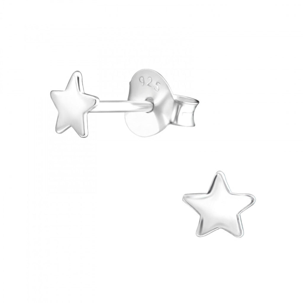 A pair of sterling silver star-shaped stud earrings, one shown from the front and the other from the side/back with a '925' silver purity stamp, on a solid white background.
