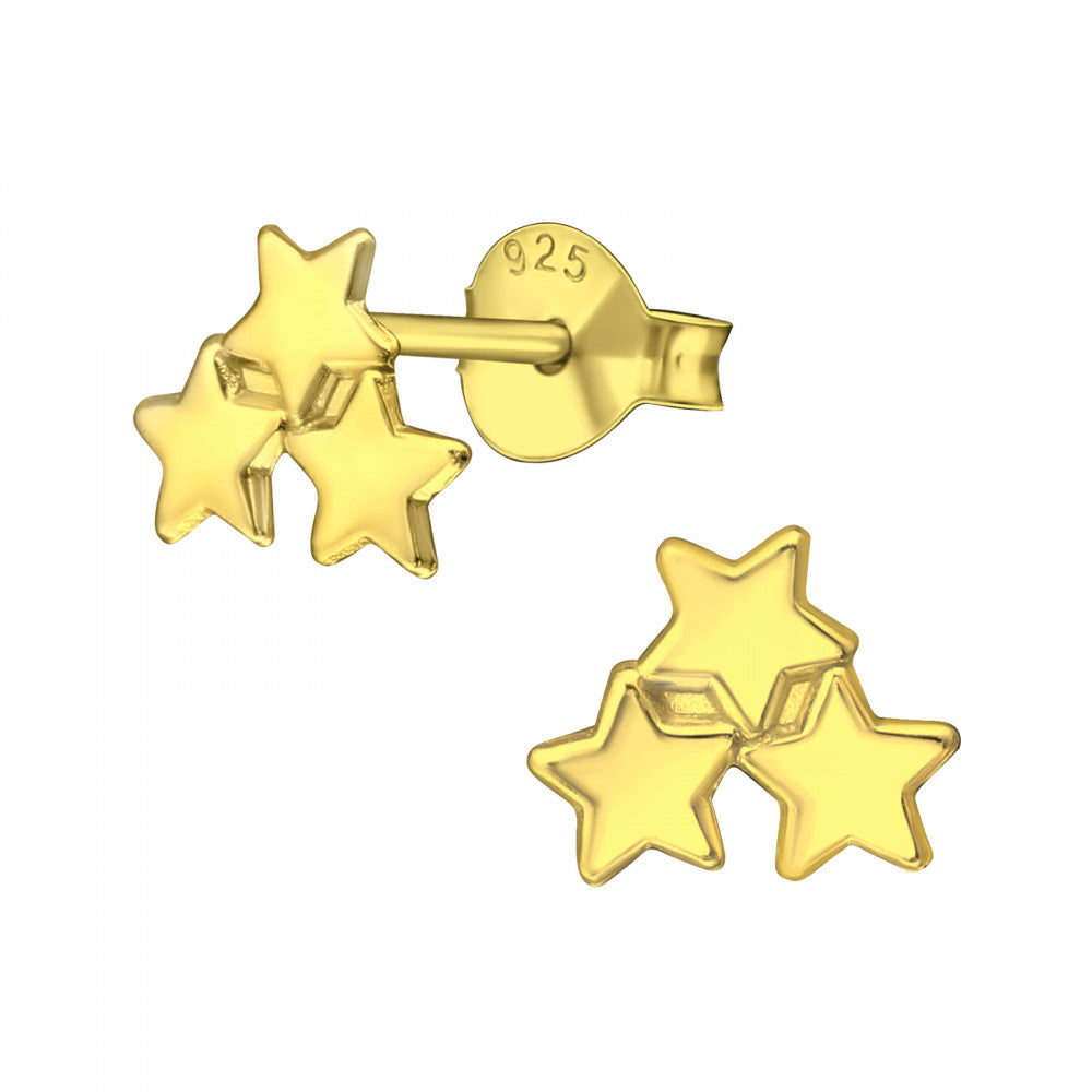 Gold Plated Star Earrings – Sterling Silver Triple Star Studs | Elegant Gift Idea