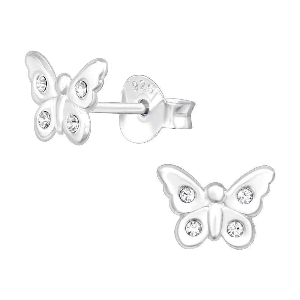 Sterling silver butterfly stud earrings with clear crystal accents