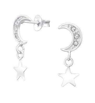Moon & Star CZ Silver Ear Stud Earrings Crumble and Core   