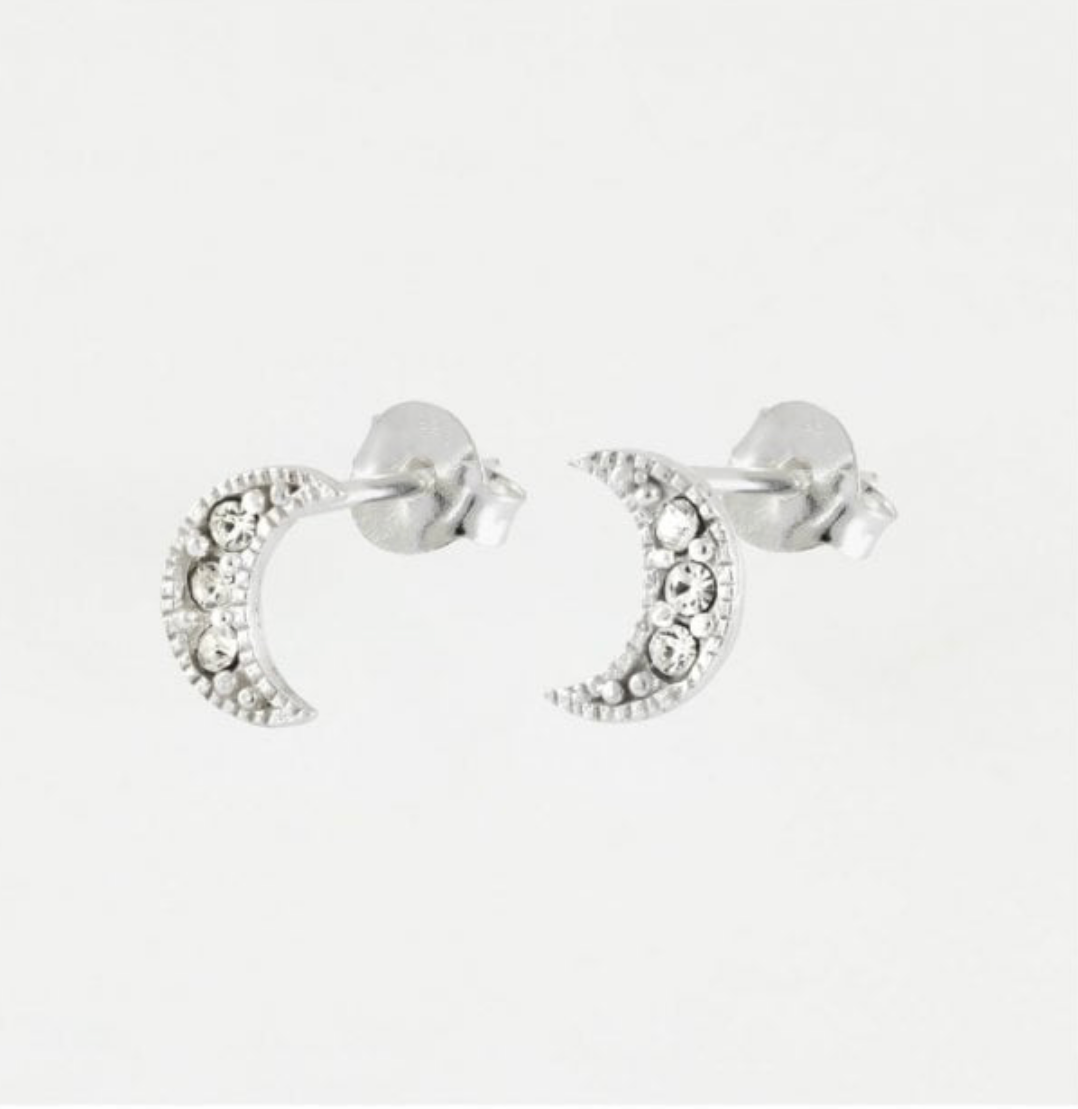 Crescent Moon Crystal Silver Ear Stud Earrings Crumble and Core   