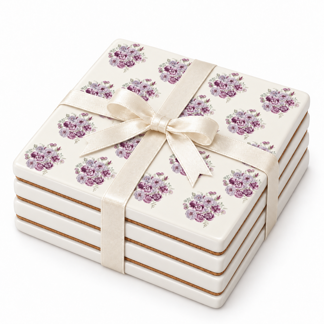 Peony Ceramic Coasters – Ribbon-Tied Set of Four