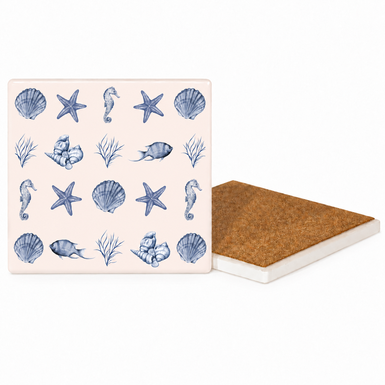 Blue Seaside Ceramic Coasters – Ribbon-Tied Set of Four