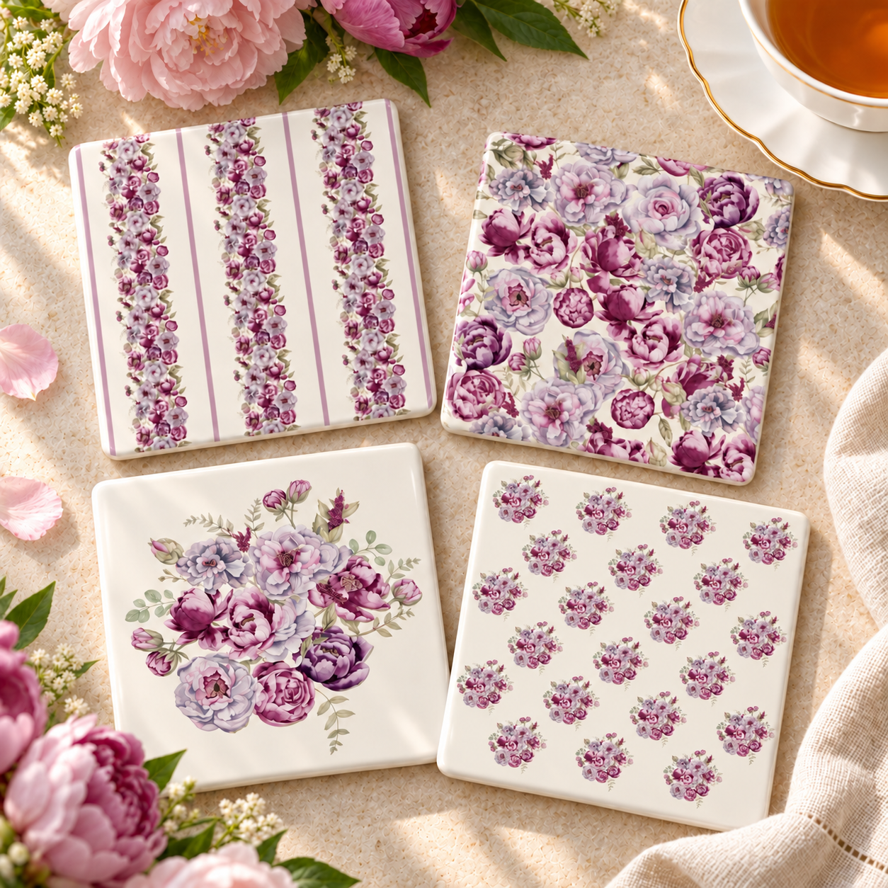 Peony Ceramic Coasters – Ribbon-Tied Set of Four