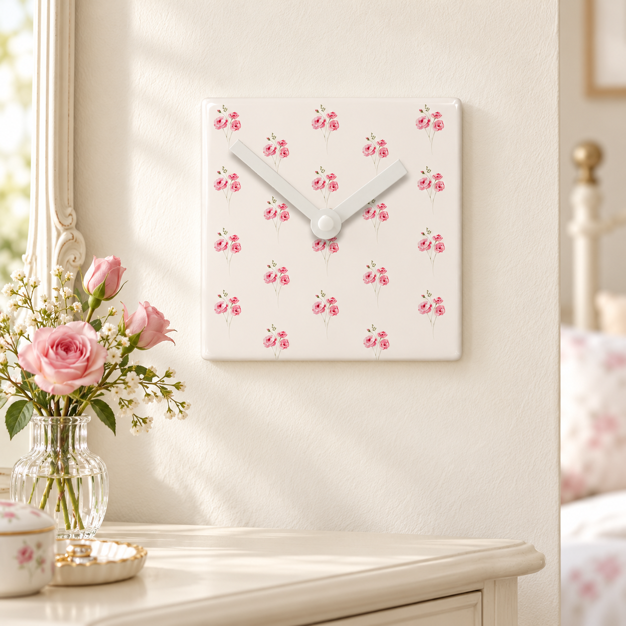 Ceramic Clock Pink Rose Floral Design - Battery Operated Wall Clock