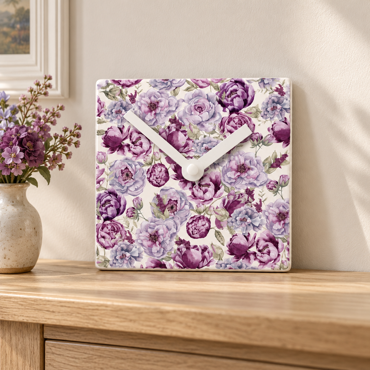 Ceramic Clock Peony Floral Design - Battery Operated Wall Clock