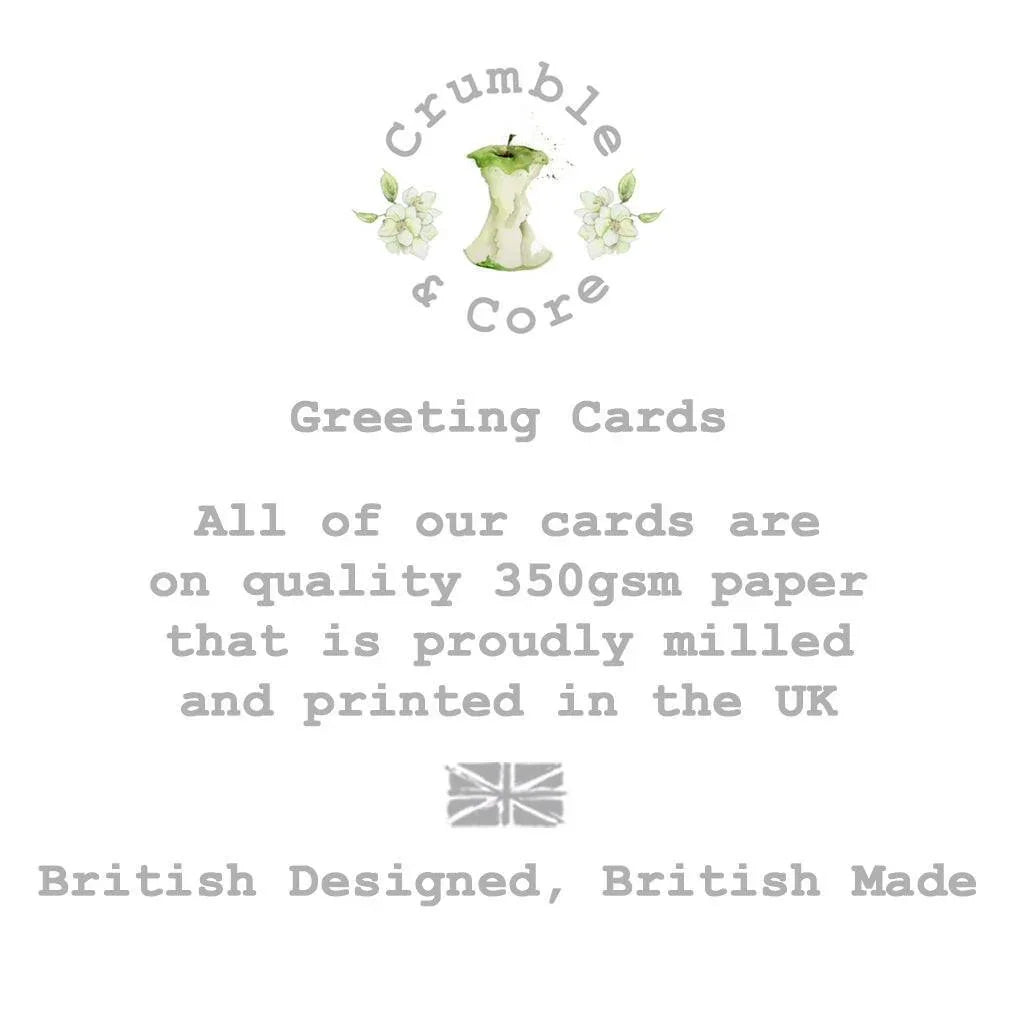 Crumble and Core British designed greeting cards, UK-made on 350gsm paper, logo and flag.