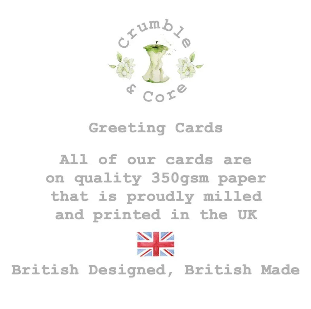 Crumble and Core greeting cards, British designed and made, UK flag, 350gsm paper quality notice.