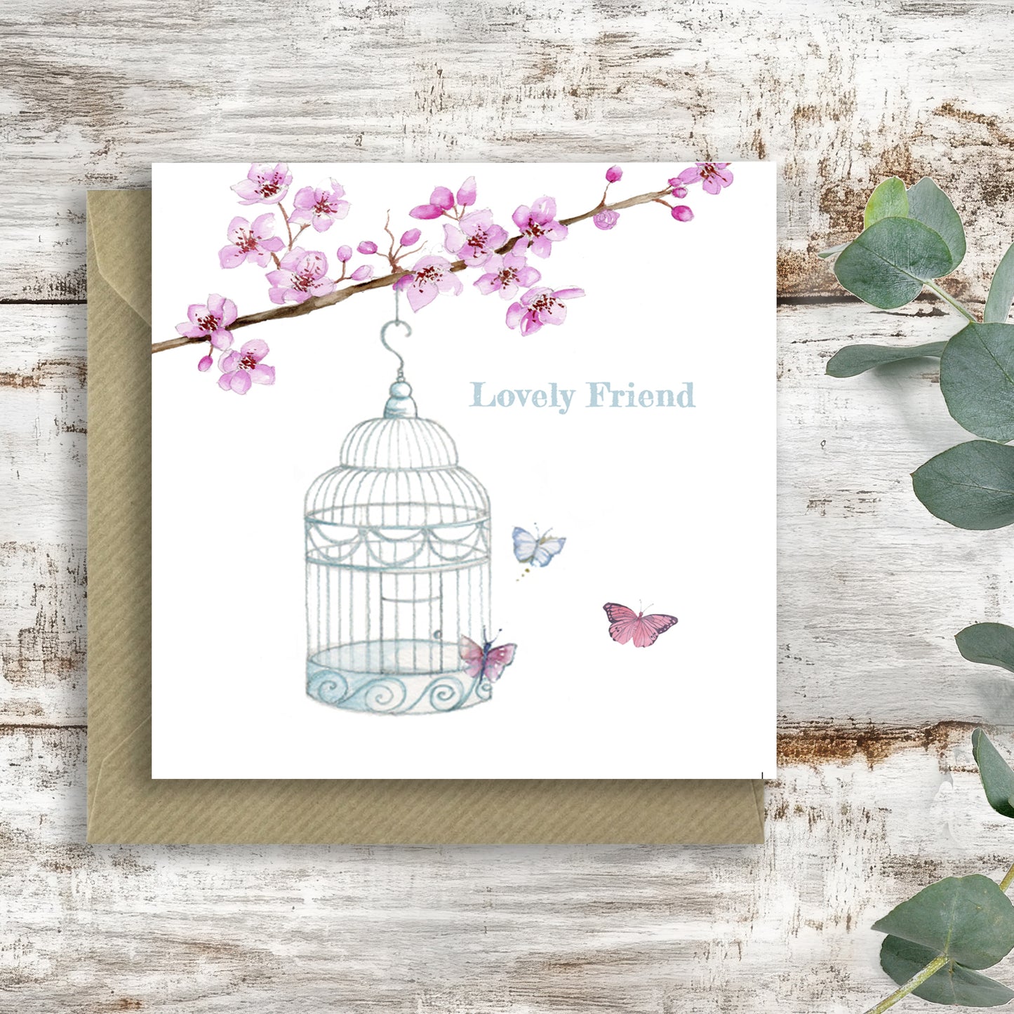 Tarjeta de Amigo Encantadora Jaula de Pájaros y Mariposas