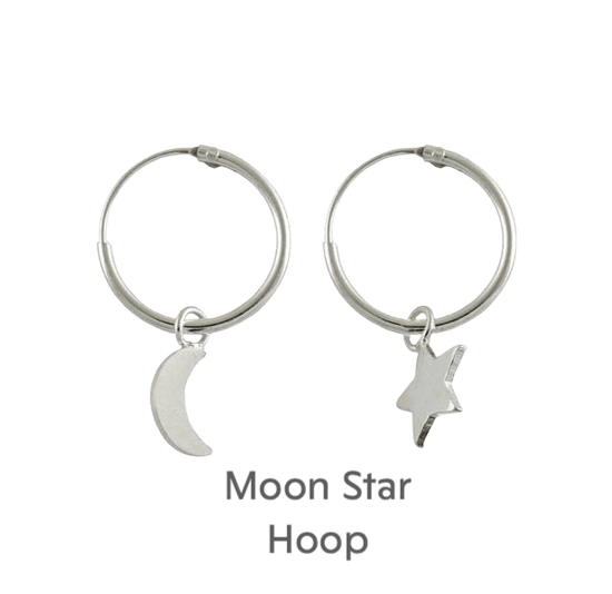 Sterling Silver Hoop Earrings with Moon and Star Design - Gift Box and Card Included - Crumble and Core