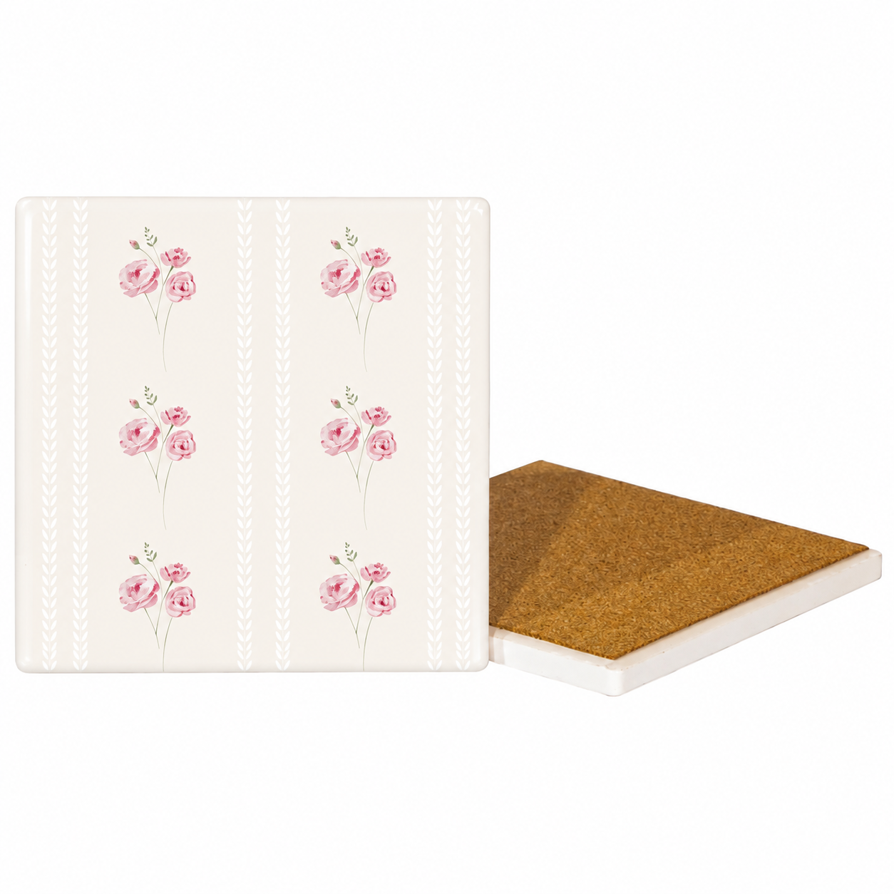 Pink Rose Ceramic Coasters – Ribbon-Tied Set of Four