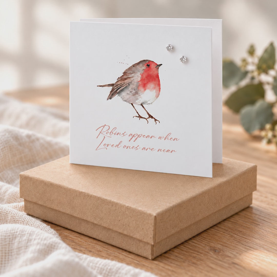 Tarjeta de arete con apariencia de petirrojos en caja