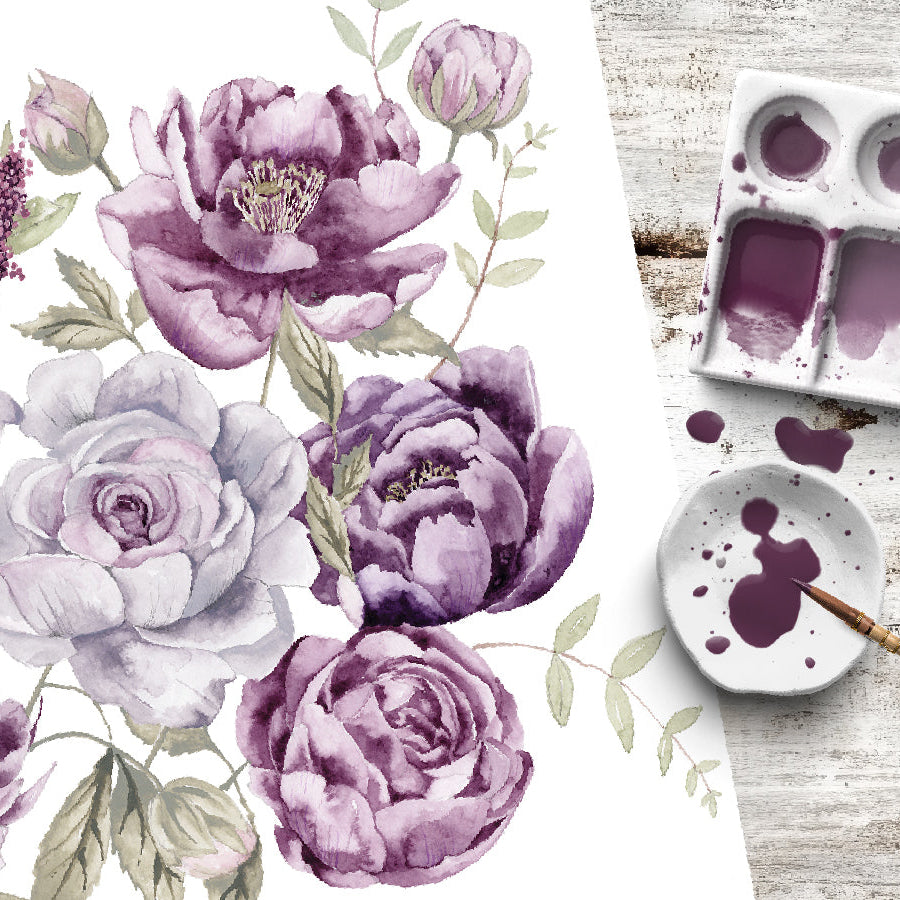 Watercolor purple peonies painting with paint palette and brush on rustic white table
