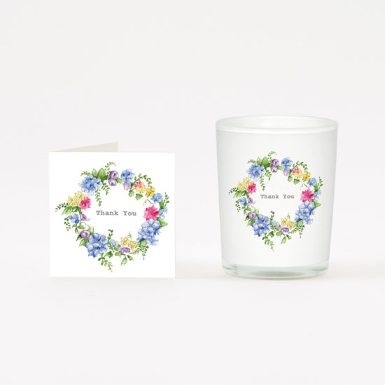 Hydrangea Thank You Boxed Candle and Card Candles Crumble and Core White 20cl 