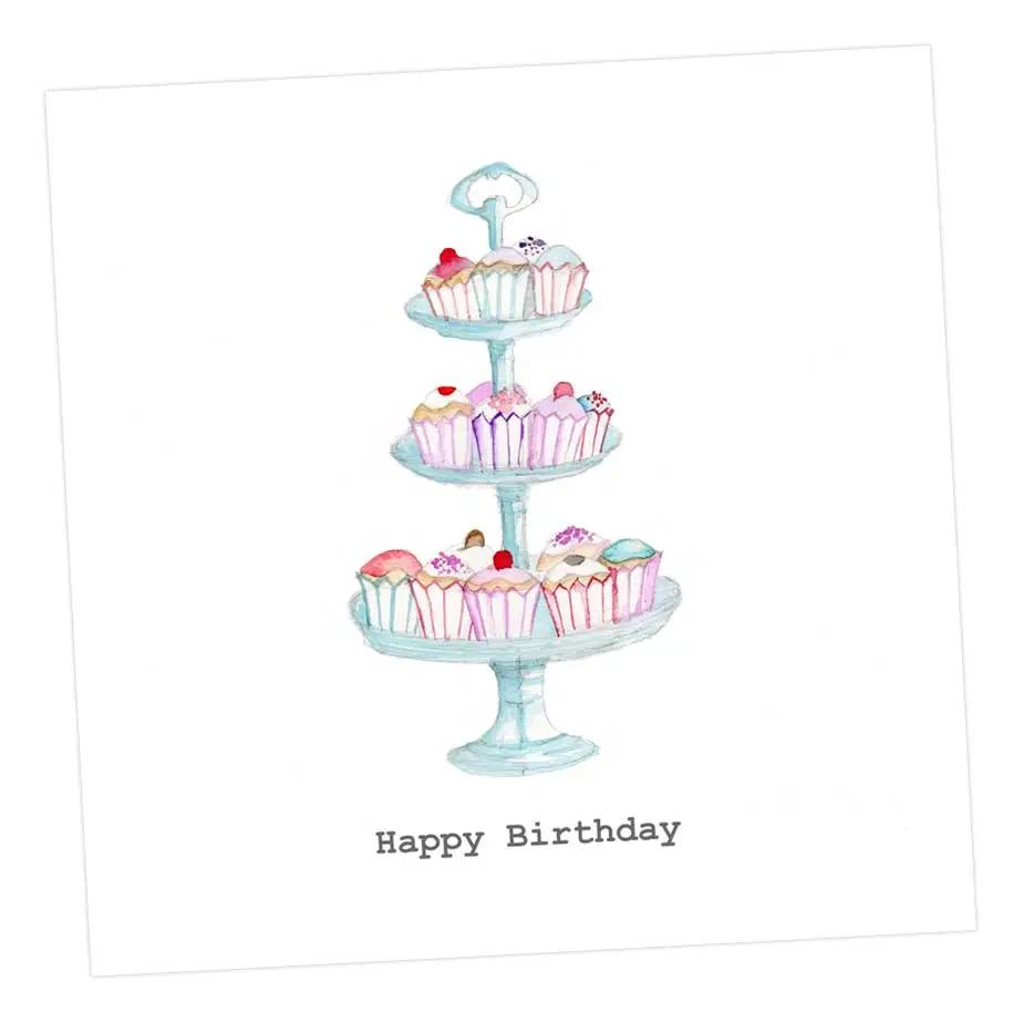 Cupcake Stand, Happy Birthday Card Greeting & Note Cards Crumble and Core 12 x 12 cm  