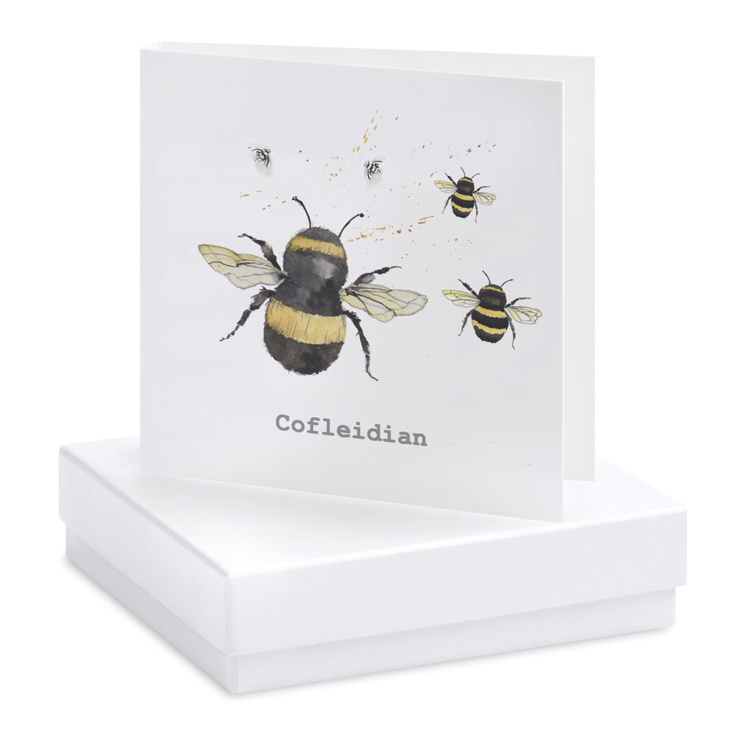 Boxed Welsh Bee Cofleidian Hugs Earring Card Earrings Crumble and Core White  