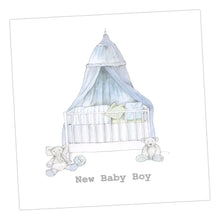 Load image into Gallery viewer, Blue Cot New Baby Boy Card Greeting &amp; Note Cards Crumble and Core 15 x 15 cm  

